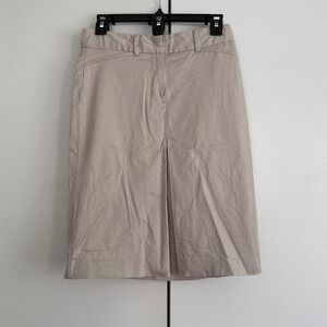 Khaki Tan Cotton Twill Knee Length Skirt with Back Welt Pockets and Waist Tabs